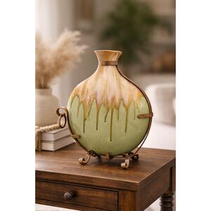 Green Drip Glaze Ceramic Vase w/ Metal Stand Rustic Boho Farmhouse Decor